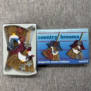Vintage 1987 Country Brooms Magnetic Memo Holders Set of 2 Goose Cottagecore